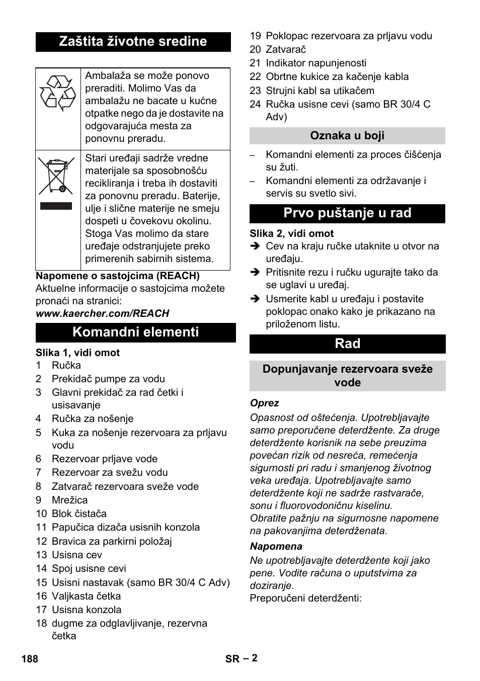 Zaštita životne sredine, Komandni elementi, Prvo puštanje u rad rad | Karcher BR 30-4 C User Manual | Page 188 / 242