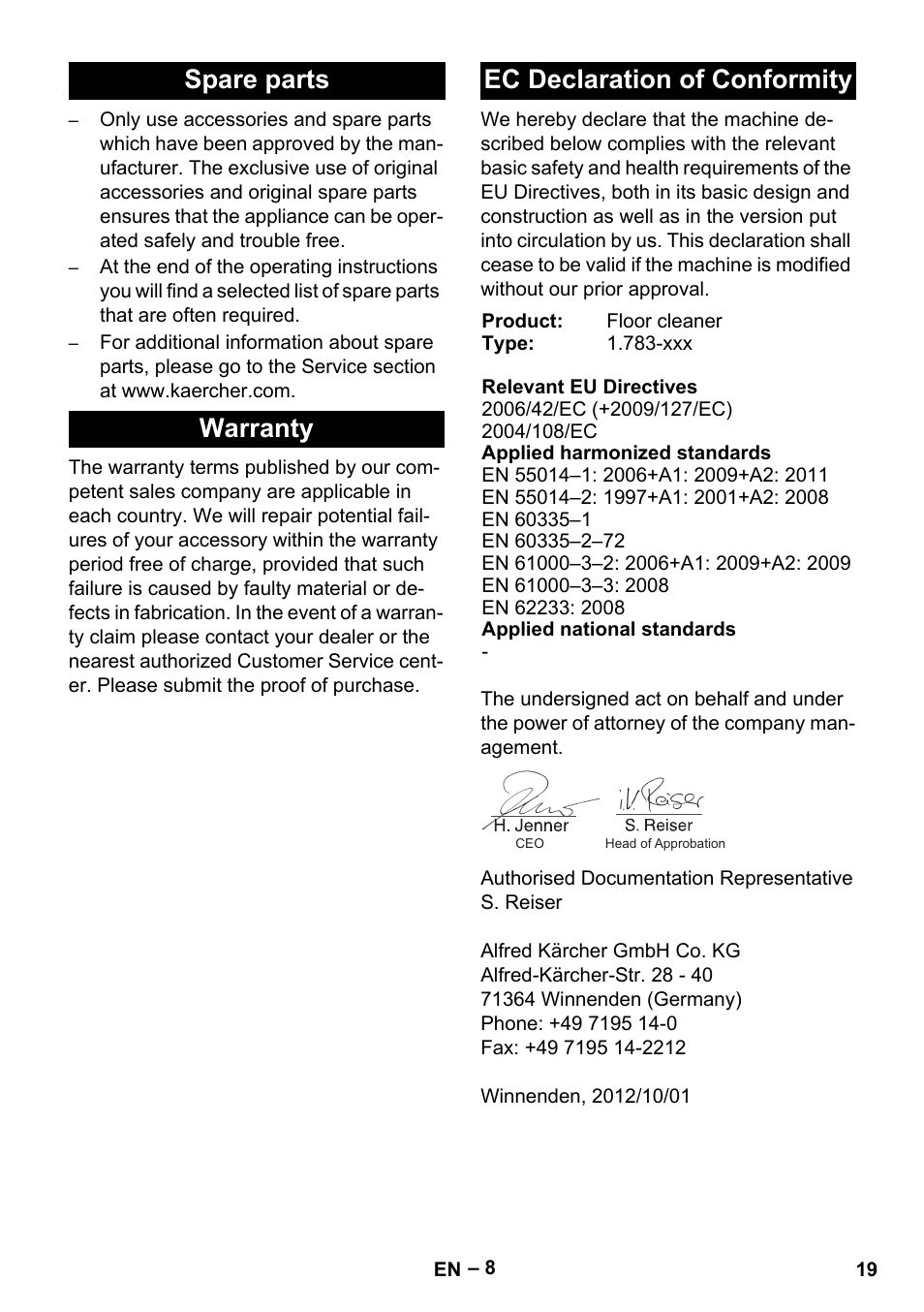 Spare parts warranty ec declaration of conformity | Karcher BR 30-4 C User Manual | Page 19 / 242