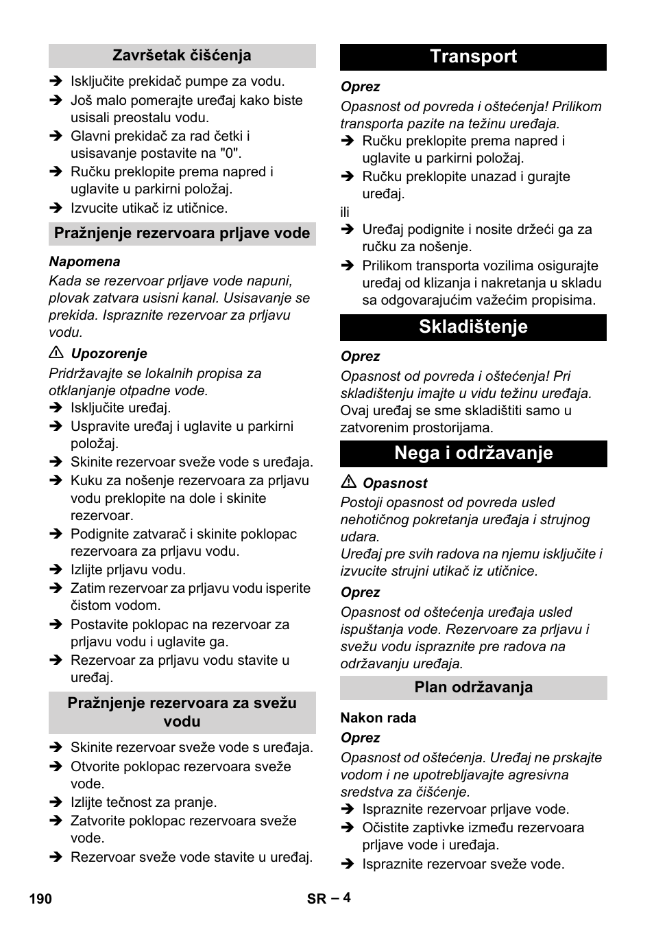 Transport skladištenje nega i održavanje | Karcher BR 30-4 C User Manual | Page 190 / 242