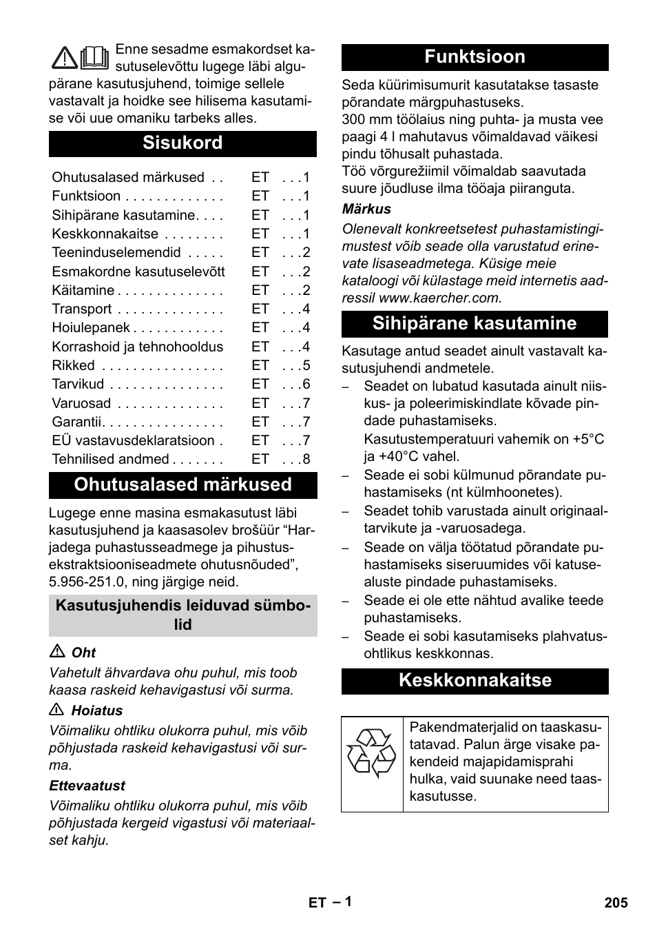 Eesti, Sisukord, Ohutusalased märkused | Funktsioon sihipärane kasutamine keskkonnakaitse | Karcher BR 30-4 C User Manual | Page 205 / 242