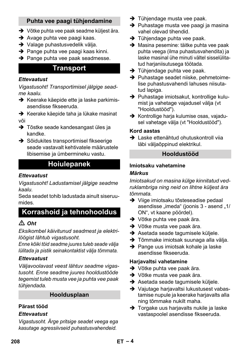 Transport hoiulepanek korrashoid ja tehnohooldus | Karcher BR 30-4 C User Manual | Page 208 / 242