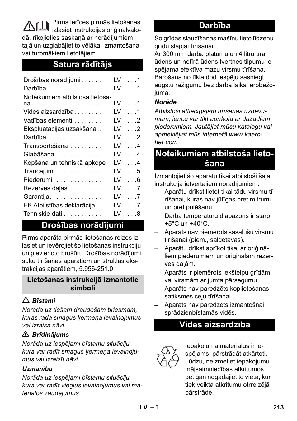 Latviešu, Satura rādītājs, Drošības norādījumi | Karcher BR 30-4 C User Manual | Page 213 / 242