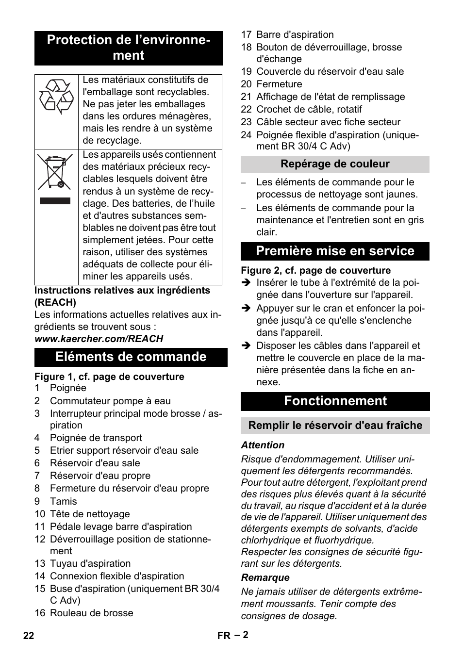 Protection de l’environne- ment, Eléments de commande, Première mise en service fonctionnement | Karcher BR 30-4 C User Manual | Page 22 / 242