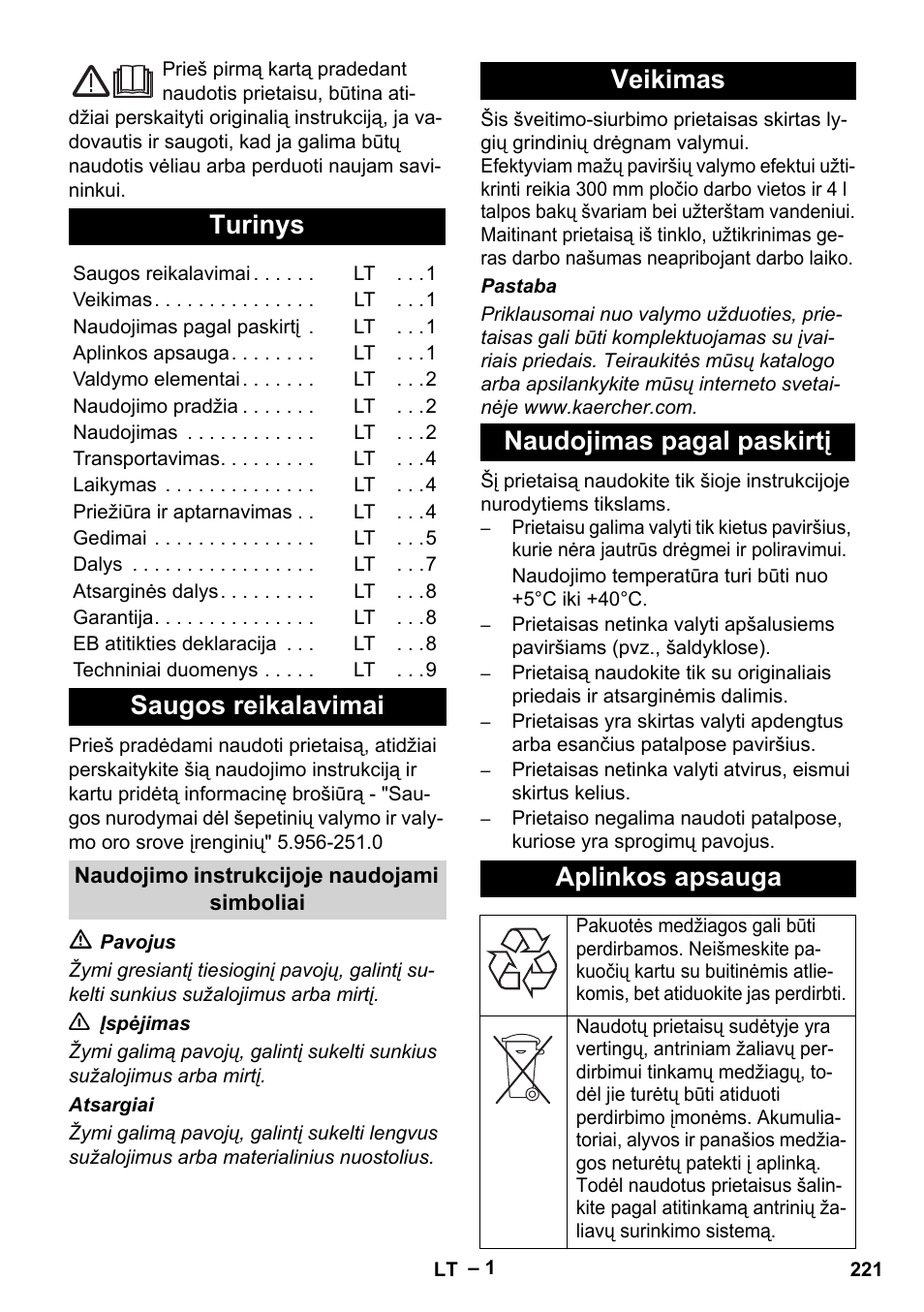 Lietuviškai, Turinys, Saugos reikalavimai | Karcher BR 30-4 C User Manual | Page 221 / 242