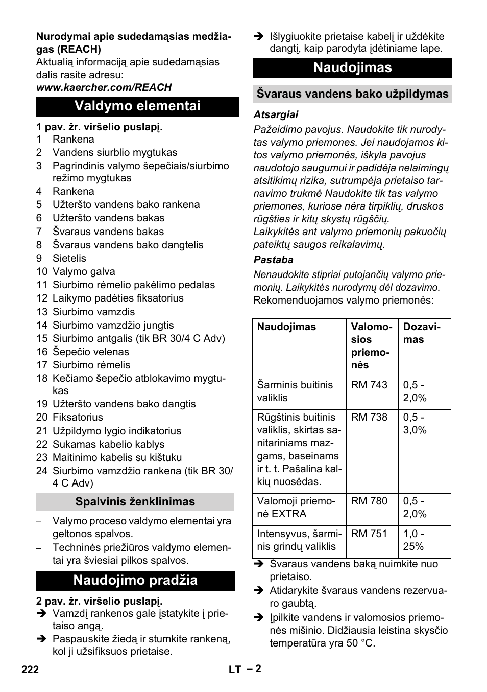 Valdymo elementai, Naudojimo pradžia naudojimas | Karcher BR 30-4 C User Manual | Page 222 / 242