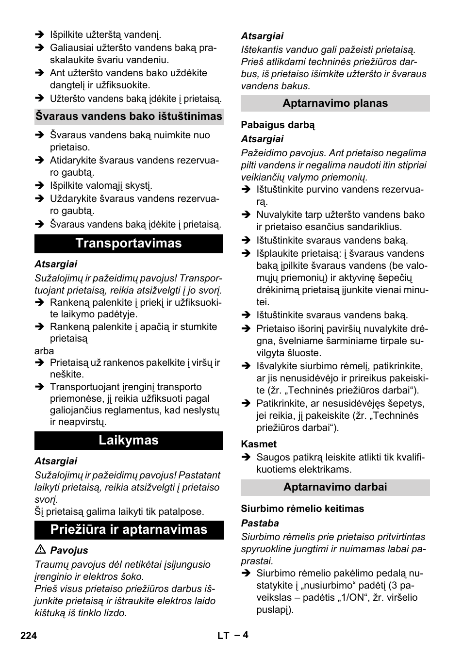 Transportavimas laikymas priežiūra ir aptarnavimas | Karcher BR 30-4 C User Manual | Page 224 / 242