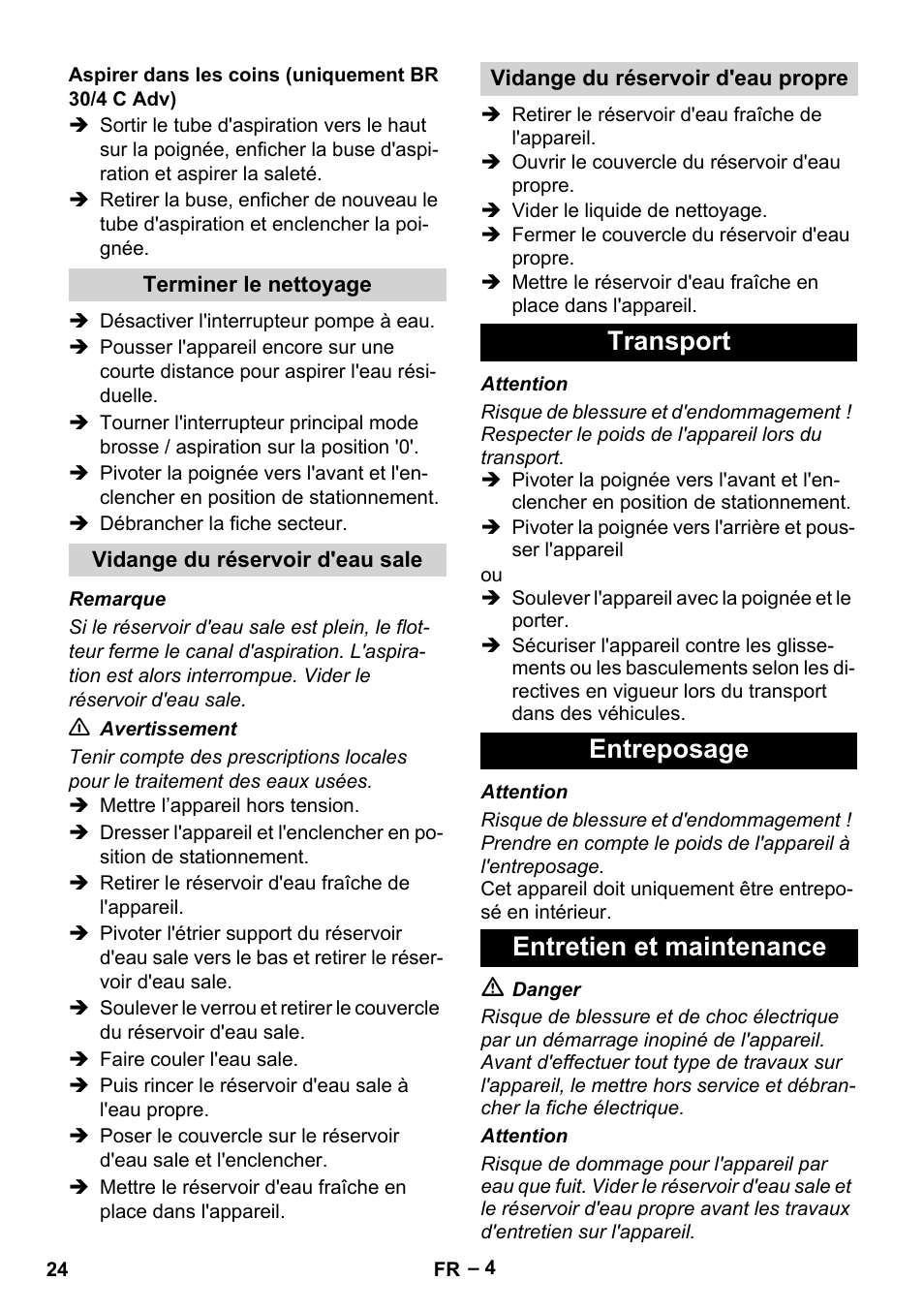 Transport entreposage entretien et maintenance | Karcher BR 30-4 C User Manual | Page 24 / 242