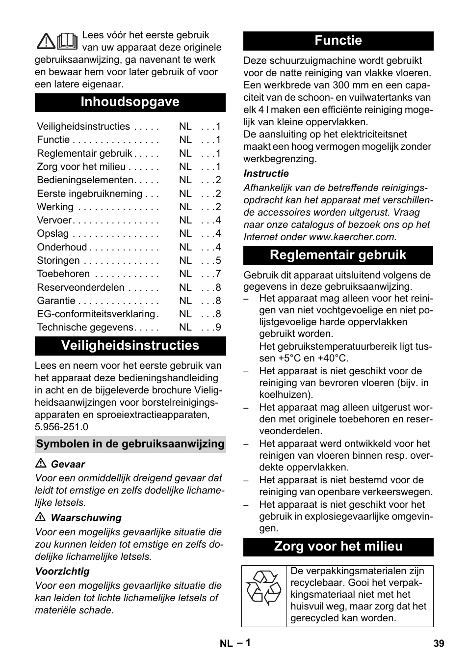 Nederlands, Inhoudsopgave, Veiligheidsinstructies | Functie reglementair gebruik zorg voor het milieu | Karcher BR 30-4 C User Manual | Page 39 / 242