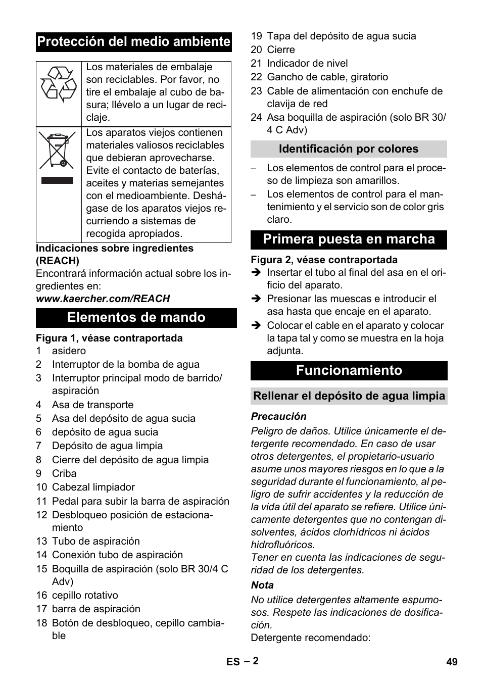 Protección del medio ambiente, Elementos de mando, Primera puesta en marcha funcionamiento | Karcher BR 30-4 C User Manual | Page 49 / 242