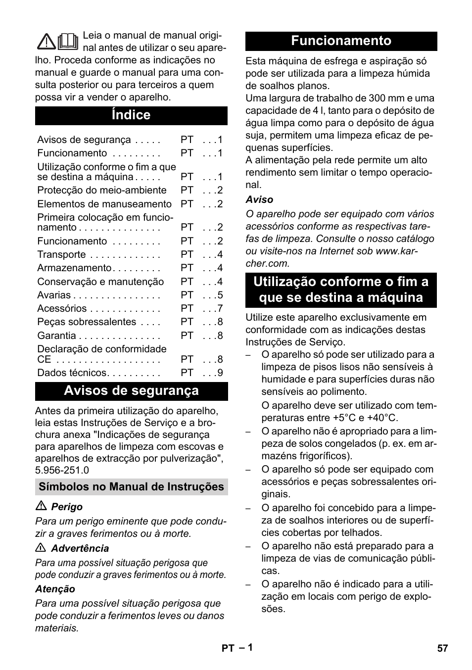 Português, Índice, Avisos de segurança | Karcher BR 30-4 C User Manual | Page 57 / 242