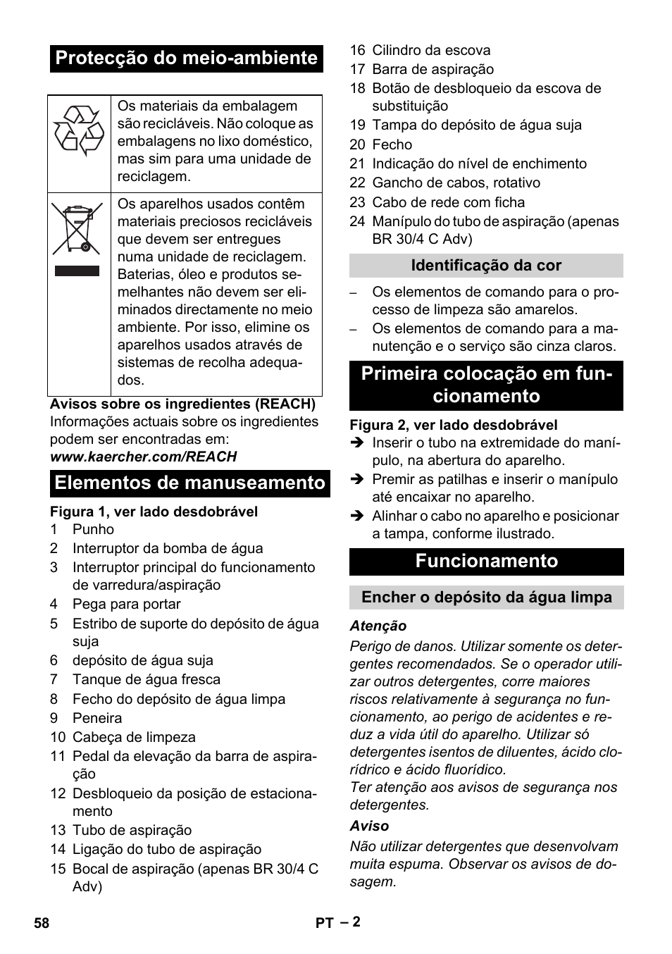 Protecção do meio-ambiente, Elementos de manuseamento | Karcher BR 30-4 C User Manual | Page 58 / 242