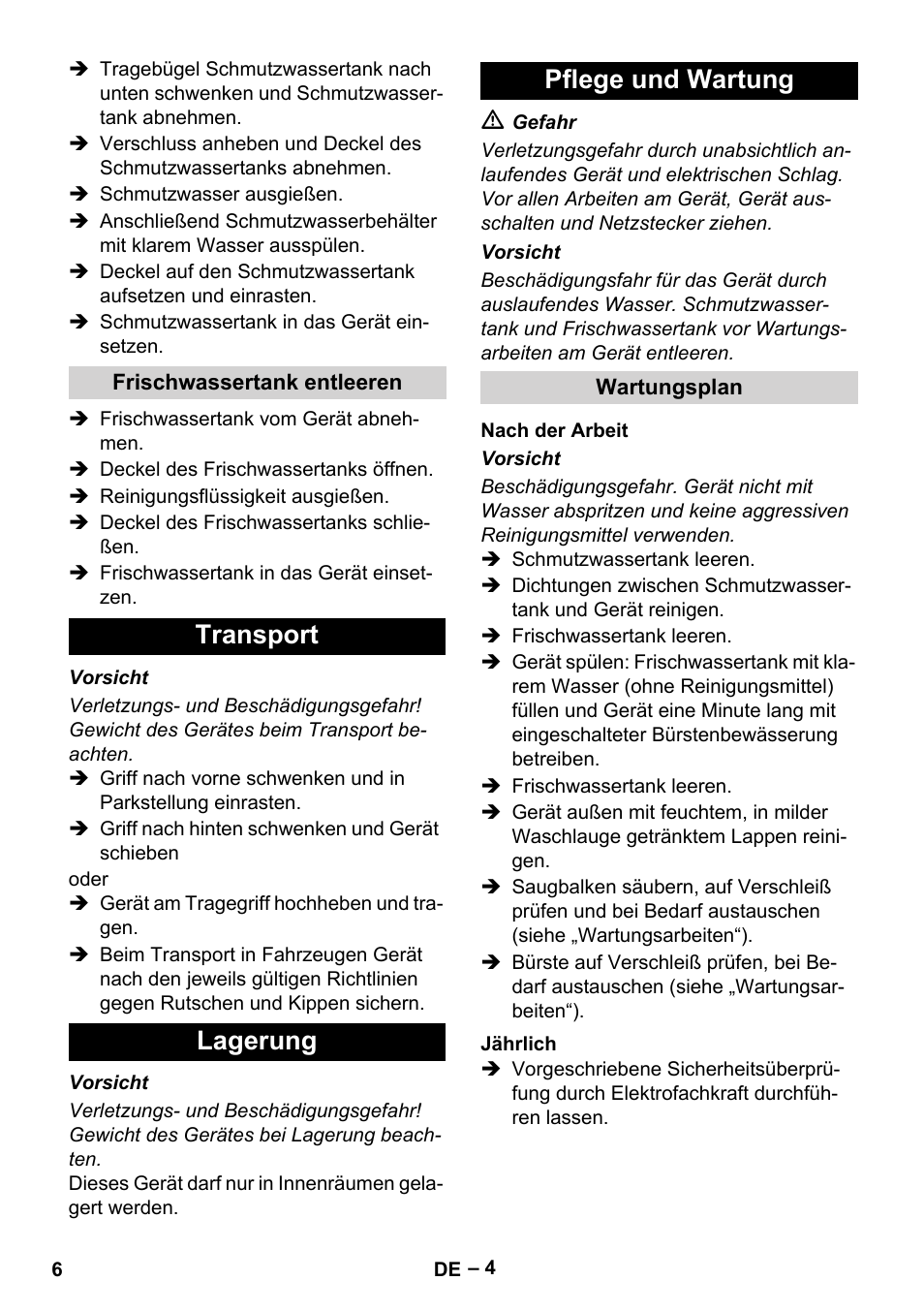 Transport lagerung pflege und wartung | Karcher BR 30-4 C User Manual | Page 6 / 242