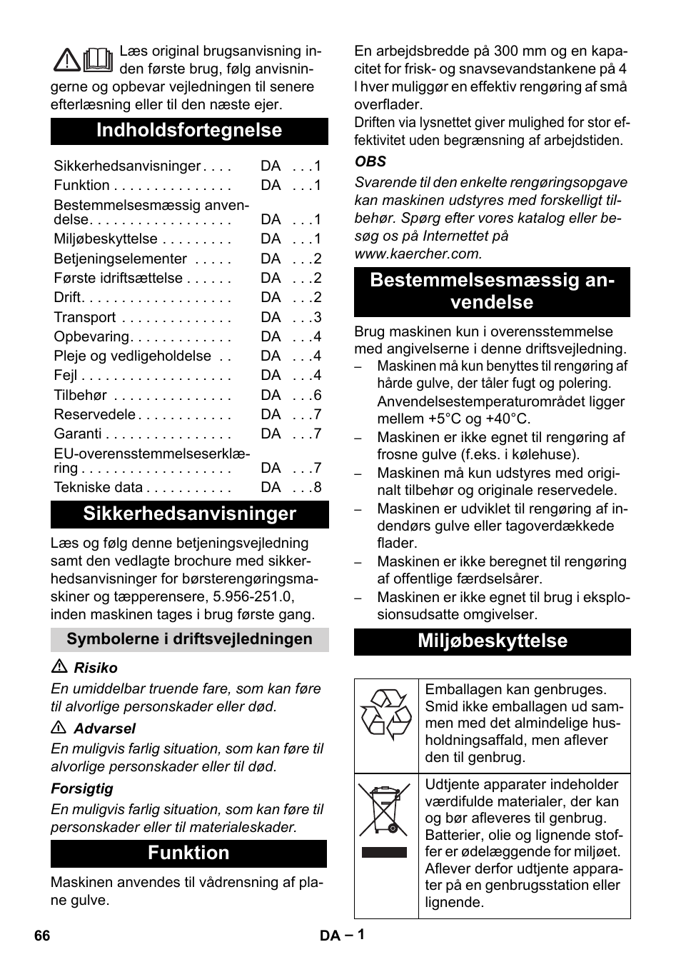 Dansk, Indholdsfortegnelse, Sikkerhedsanvisninger | Karcher BR 30-4 C User Manual | Page 66 / 242