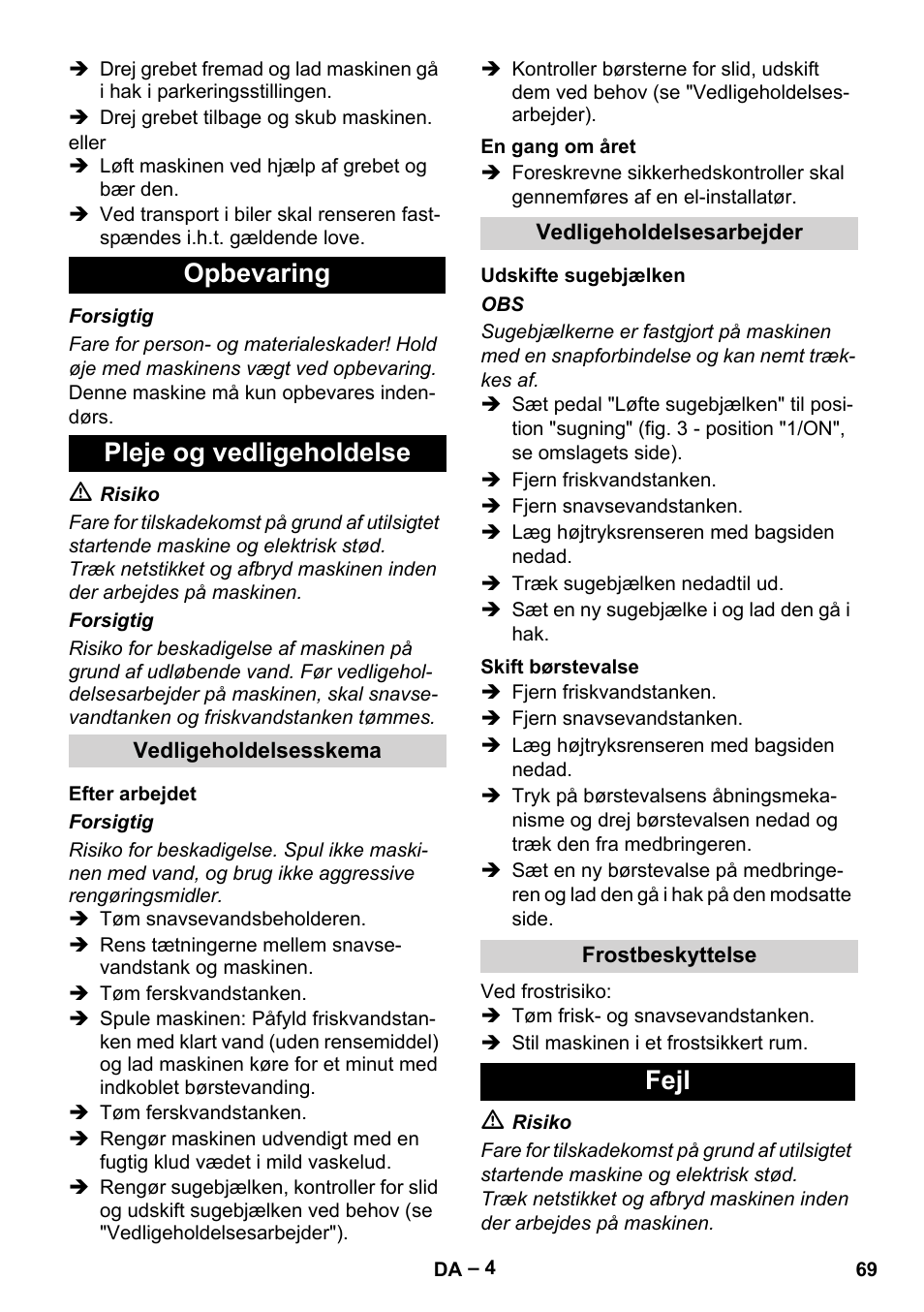 Opbevaring pleje og vedligeholdelse, Fejl | Karcher BR 30-4 C User Manual | Page 69 / 242