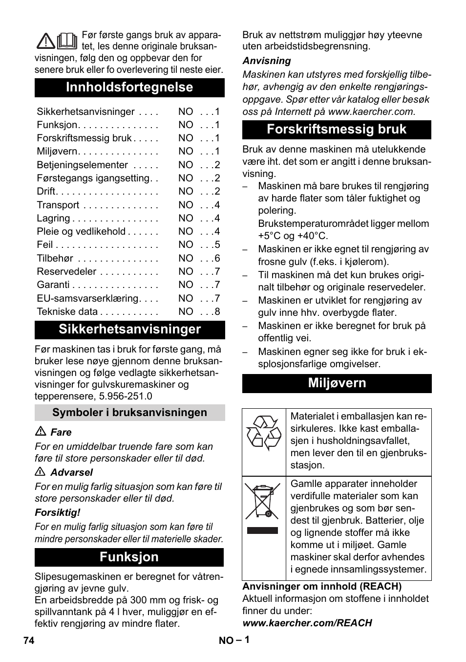 Norsk, Innholdsfortegnelse, Sikkerhetsanvisninger | Funksjon forskriftsmessig bruk miljøvern | Karcher BR 30-4 C User Manual | Page 74 / 242