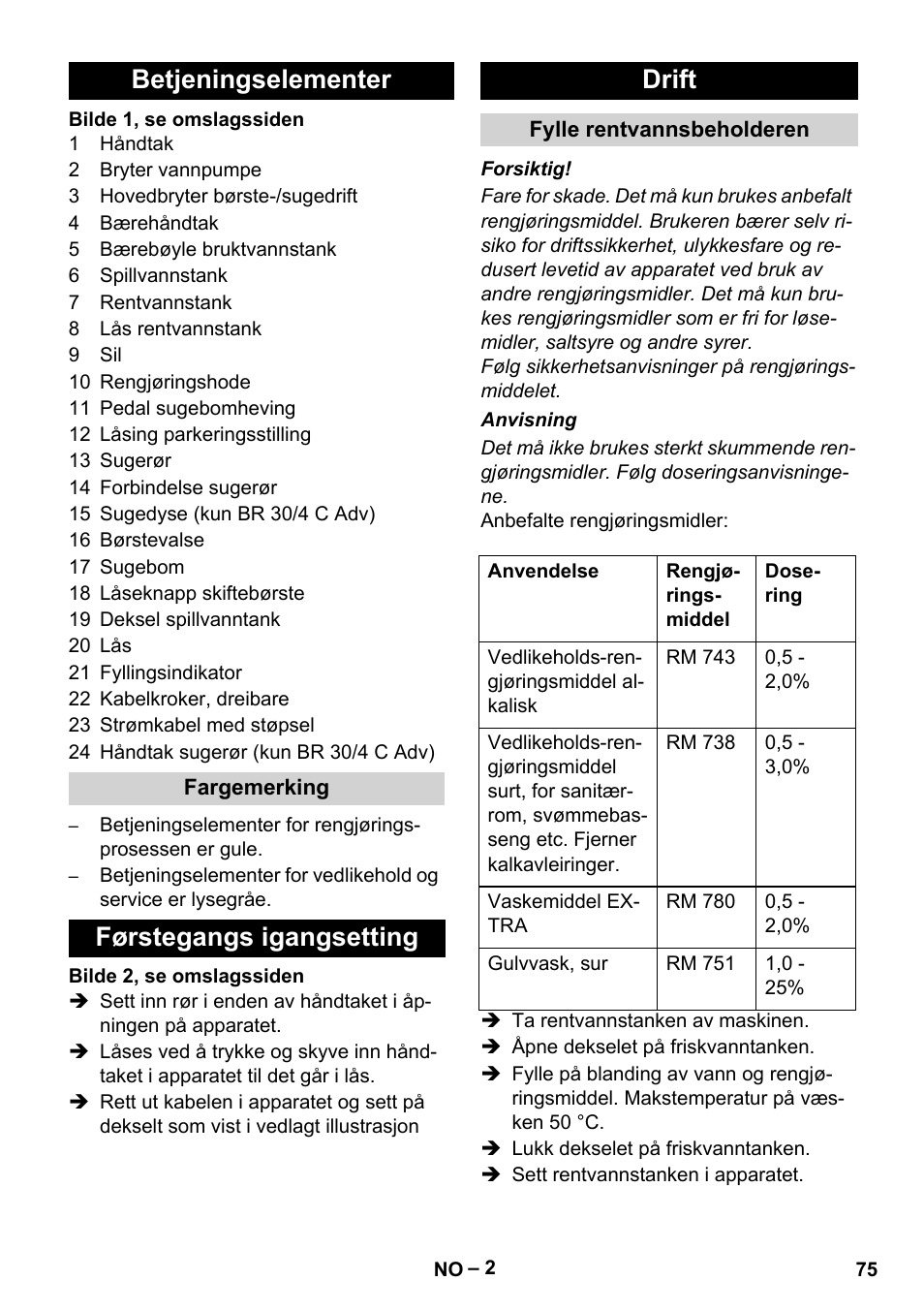 Betjeningselementer, Førstegangs igangsetting drift | Karcher BR 30-4 C User Manual | Page 75 / 242