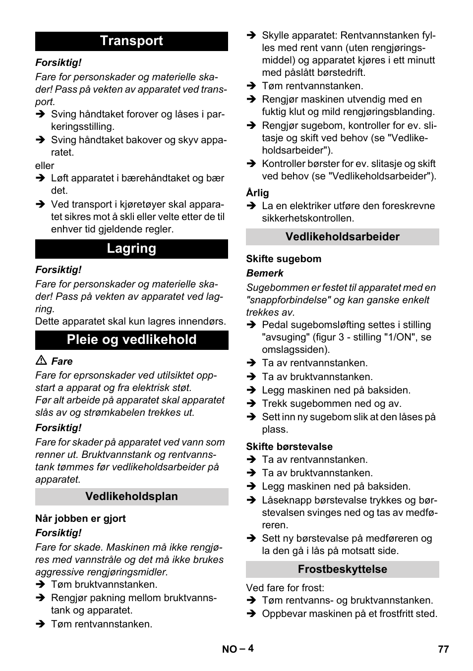 Transport lagring pleie og vedlikehold | Karcher BR 30-4 C User Manual | Page 77 / 242
