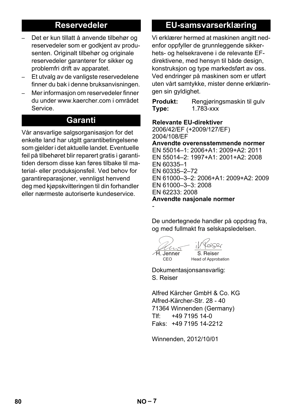 Reservedeler garanti eu-samsvarserklæring | Karcher BR 30-4 C User Manual | Page 80 / 242