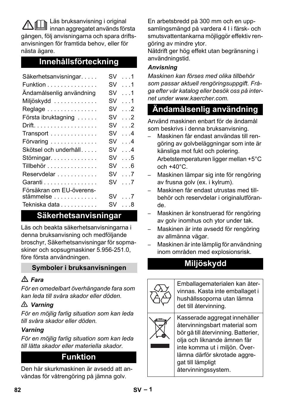 Svenska, Innehållsförteckning, Säkerhetsanvisningar | Funktion ändamålsenlig användning miljöskydd | Karcher BR 30-4 C User Manual | Page 82 / 242