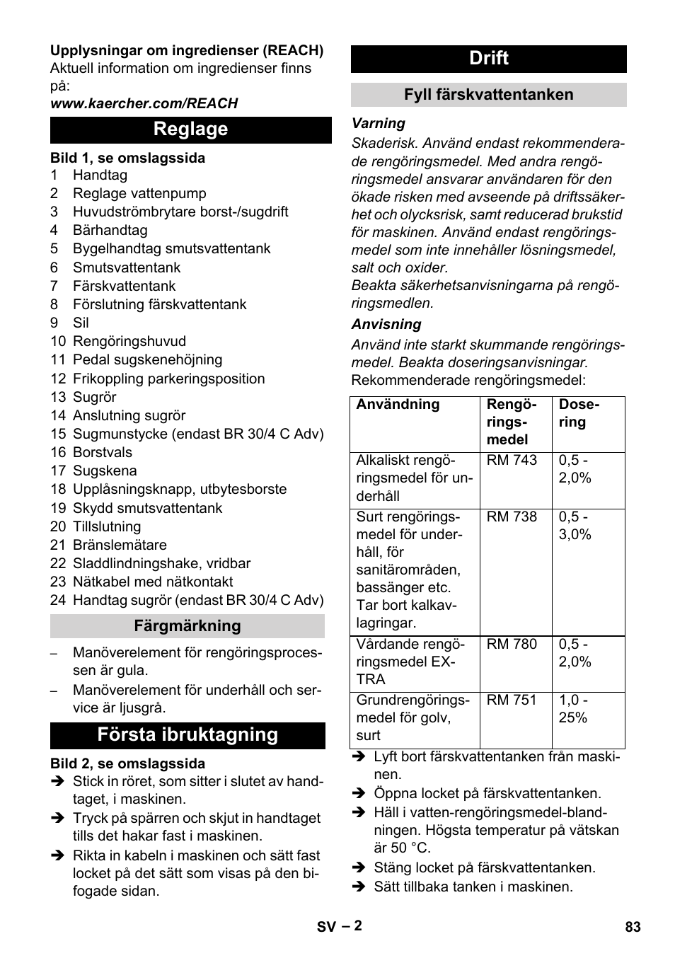 Reglage, Första ibruktagning drift | Karcher BR 30-4 C User Manual | Page 83 / 242