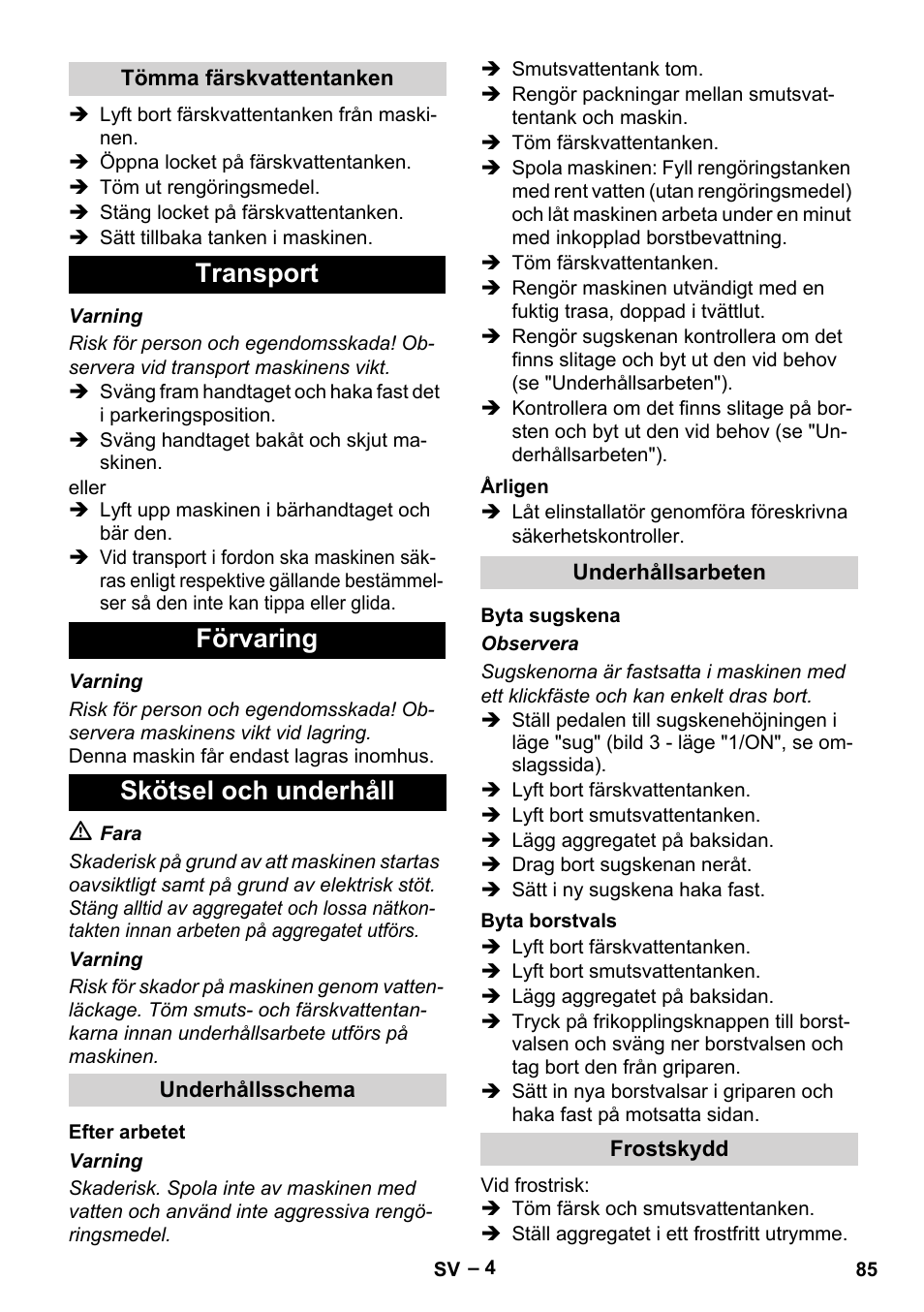 Transport förvaring skötsel och underhåll | Karcher BR 30-4 C User Manual | Page 85 / 242