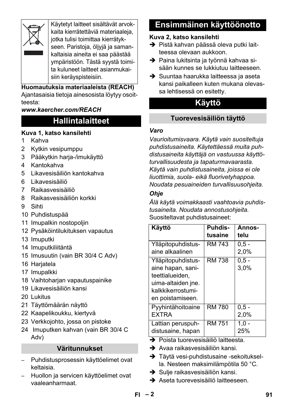 Hallintalaitteet, Ensimmäinen käyttöönotto käyttö | Karcher BR 30-4 C User Manual | Page 91 / 242