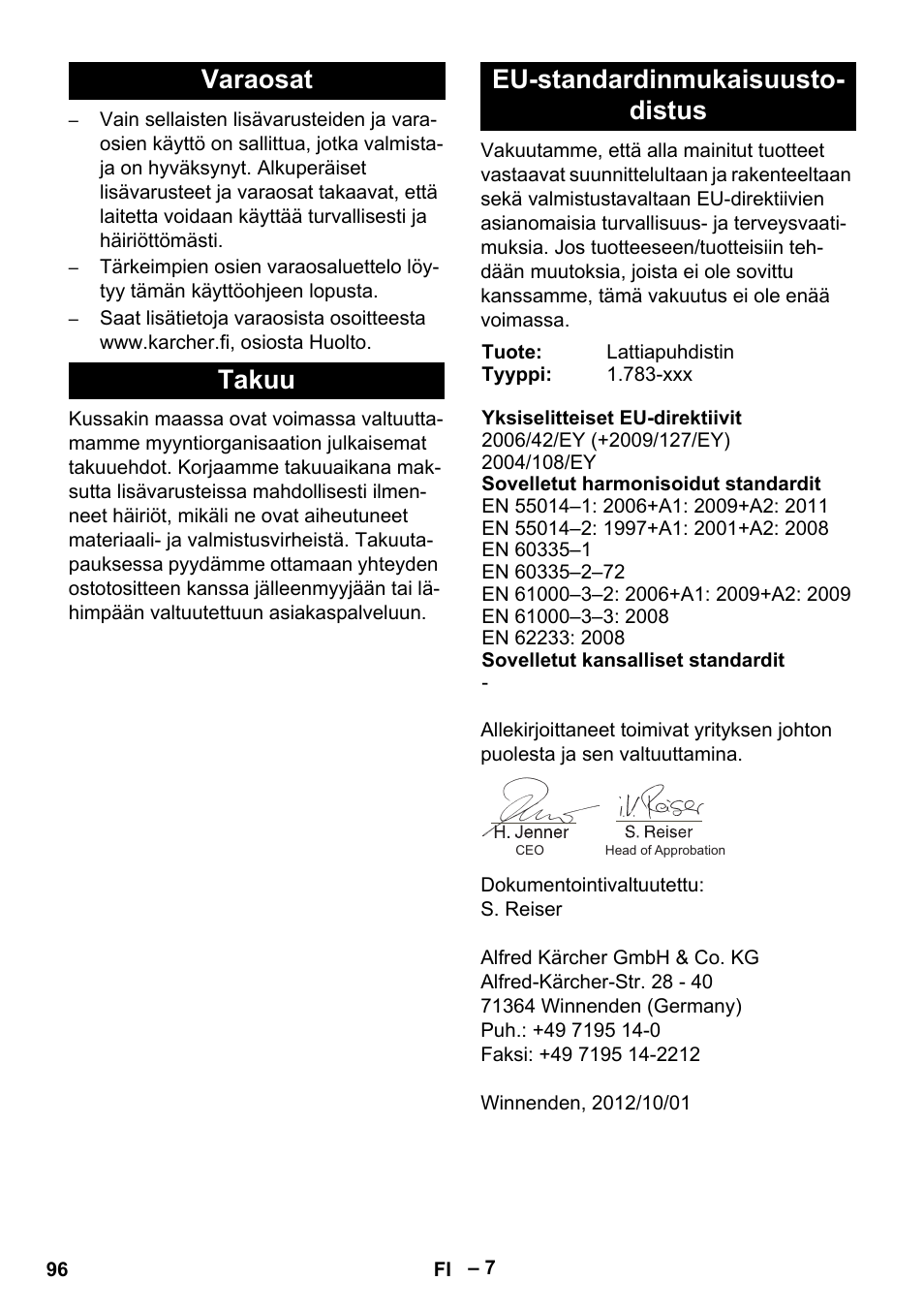 Varaosat takuu eu-standardinmukaisuusto- distus | Karcher BR 30-4 C User Manual | Page 96 / 242