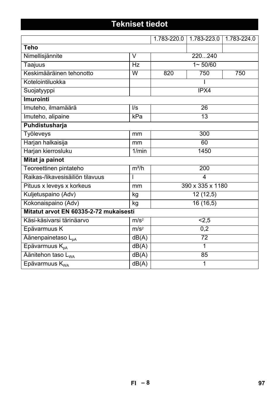 Tekniset tiedot | Karcher BR 30-4 C User Manual | Page 97 / 242