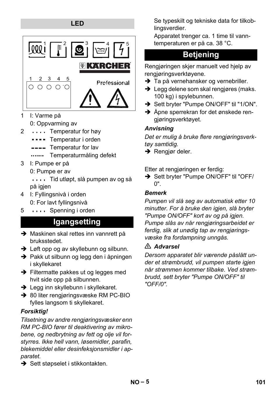 Igangsetting betjening | Karcher PC 100 M2 BIO User Manual | Page 101 / 232