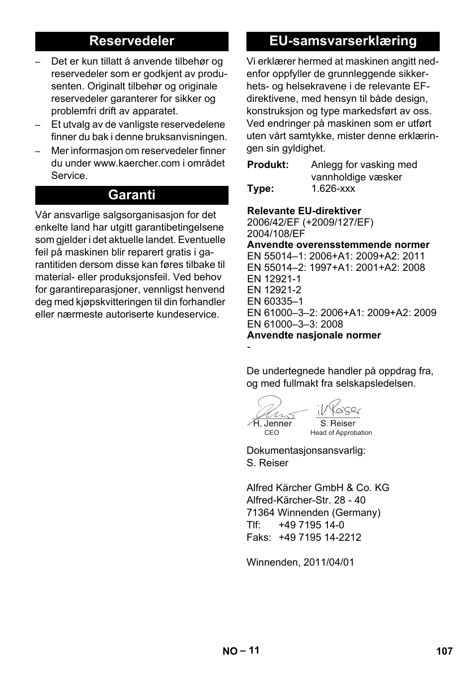 Reservedeler garanti eu-samsvarserklæring | Karcher PC 100 M2 BIO User Manual | Page 107 / 232