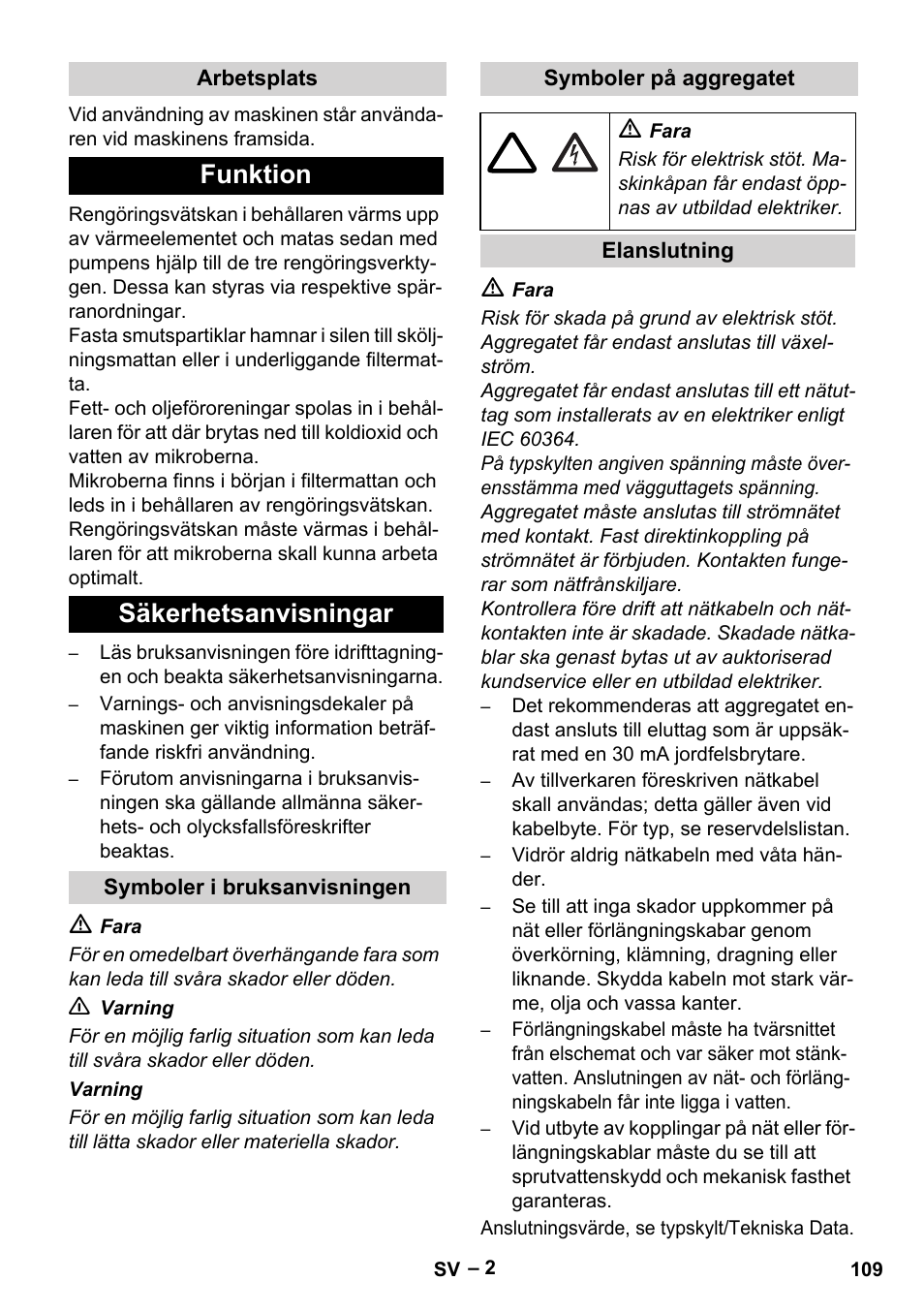 Funktion säkerhetsanvisningar | Karcher PC 100 M2 BIO User Manual | Page 109 / 232