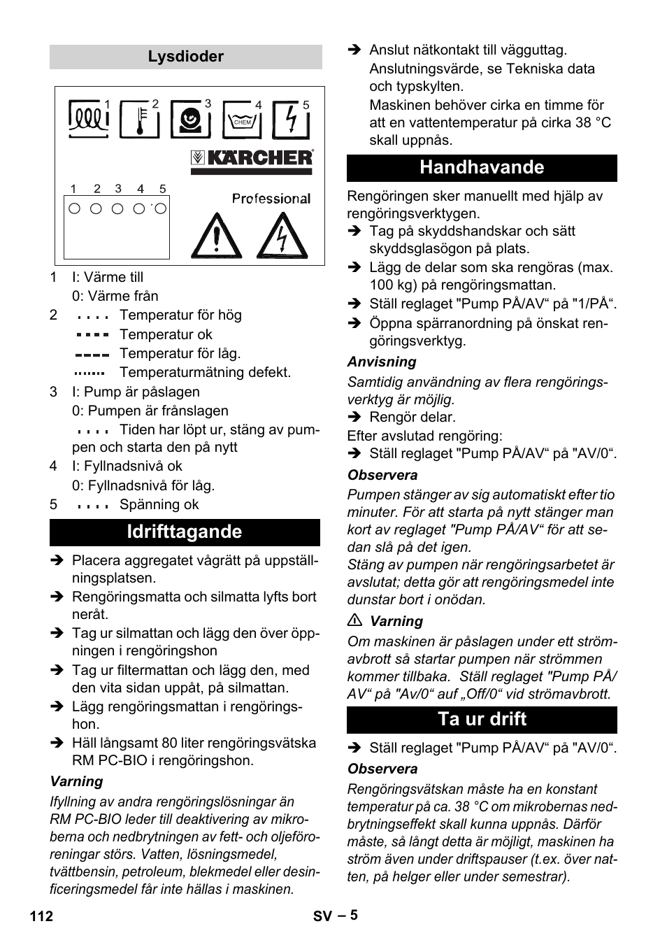 Idrifttagande handhavande ta ur drift | Karcher PC 100 M2 BIO User Manual | Page 112 / 232