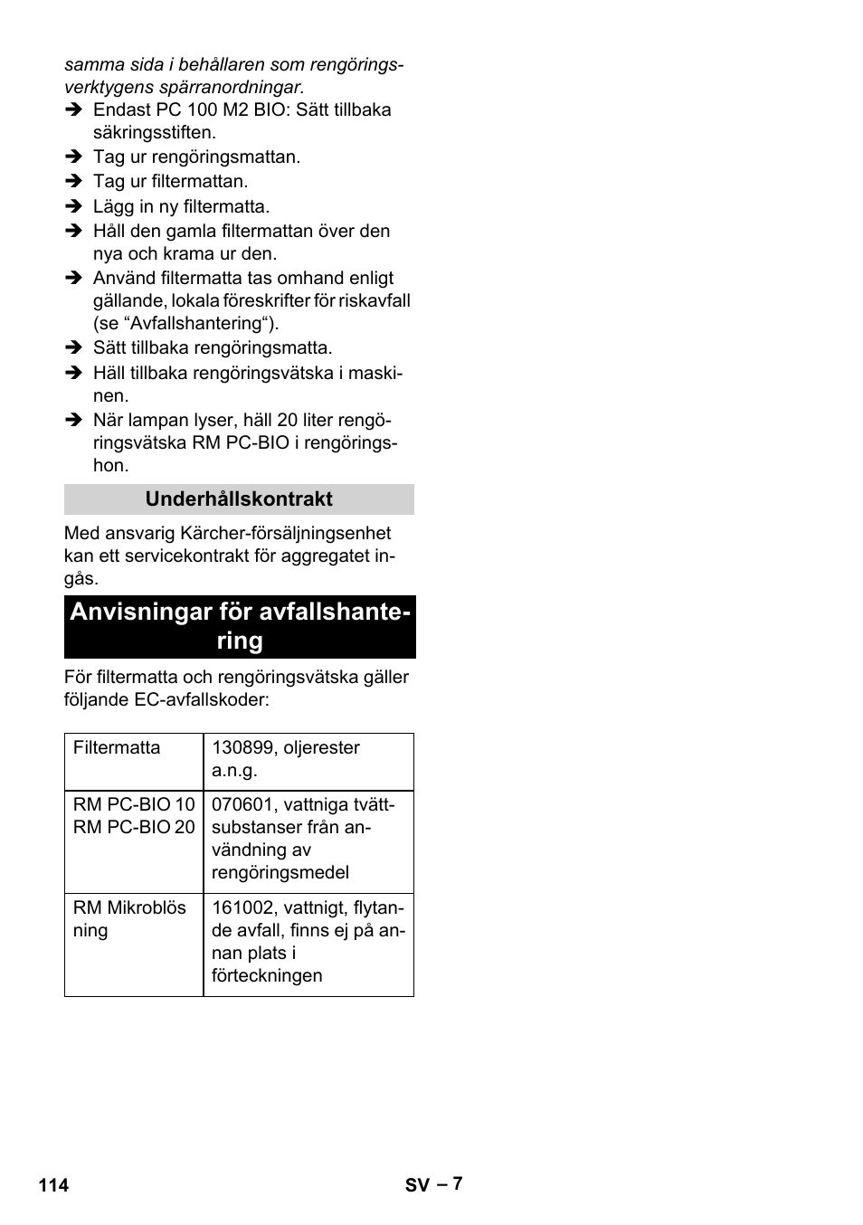 Anvisningar för avfallshante- ring | Karcher PC 100 M2 BIO User Manual | Page 114 / 232