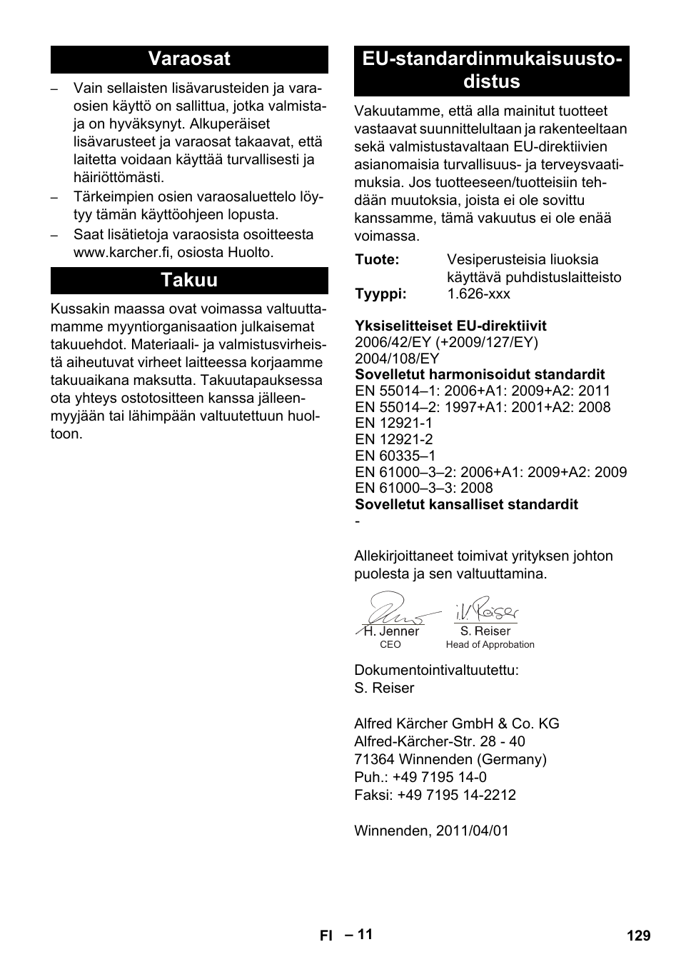 Varaosat takuu eu-standardinmukaisuusto- distus | Karcher PC 100 M2 BIO User Manual | Page 129 / 232