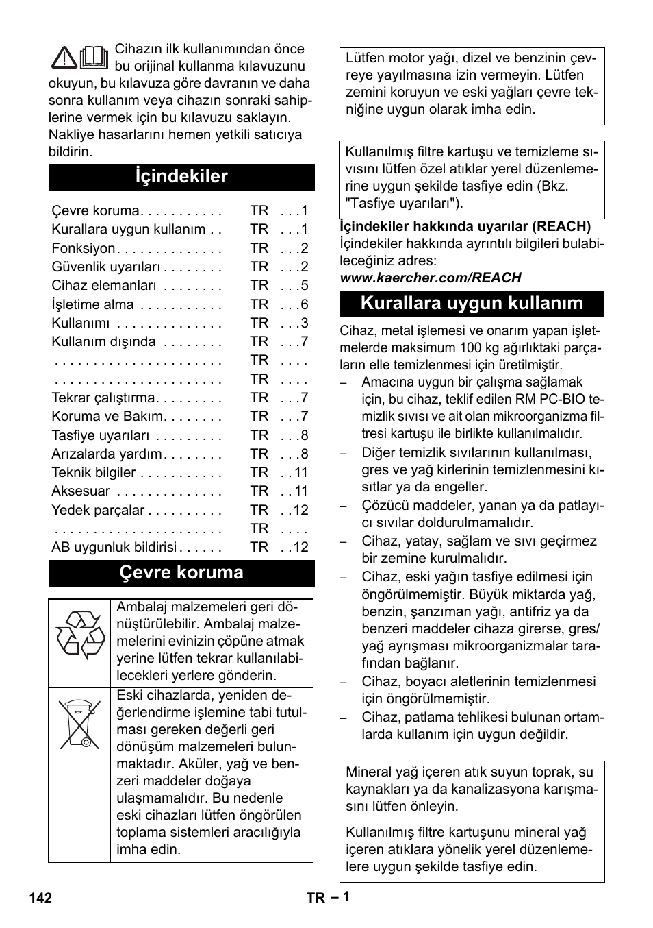 Türkçe, Içindekiler, Çevre koruma | Kurallara uygun kullanım | Karcher PC 100 M2 BIO User Manual | Page 142 / 232