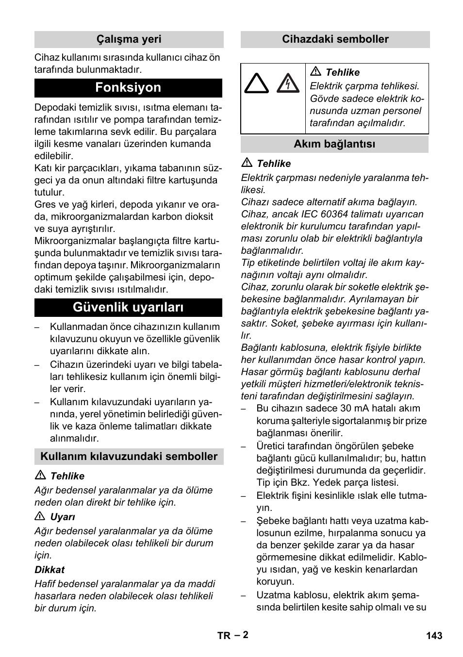 Fonksiyon güvenlik uyarıları | Karcher PC 100 M2 BIO User Manual | Page 143 / 232