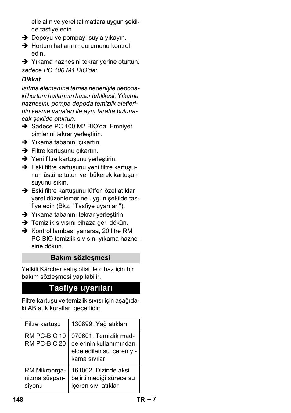 Tasfiye uyarıları | Karcher PC 100 M2 BIO User Manual | Page 148 / 232