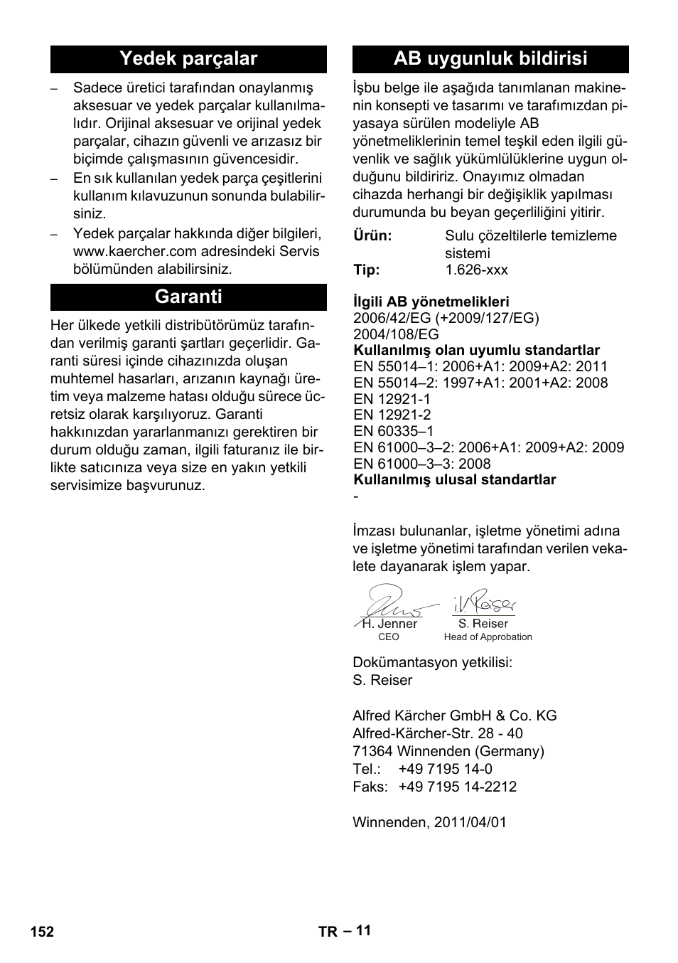 Yedek parçalar garanti ab uygunluk bildirisi | Karcher PC 100 M2 BIO User Manual | Page 152 / 232