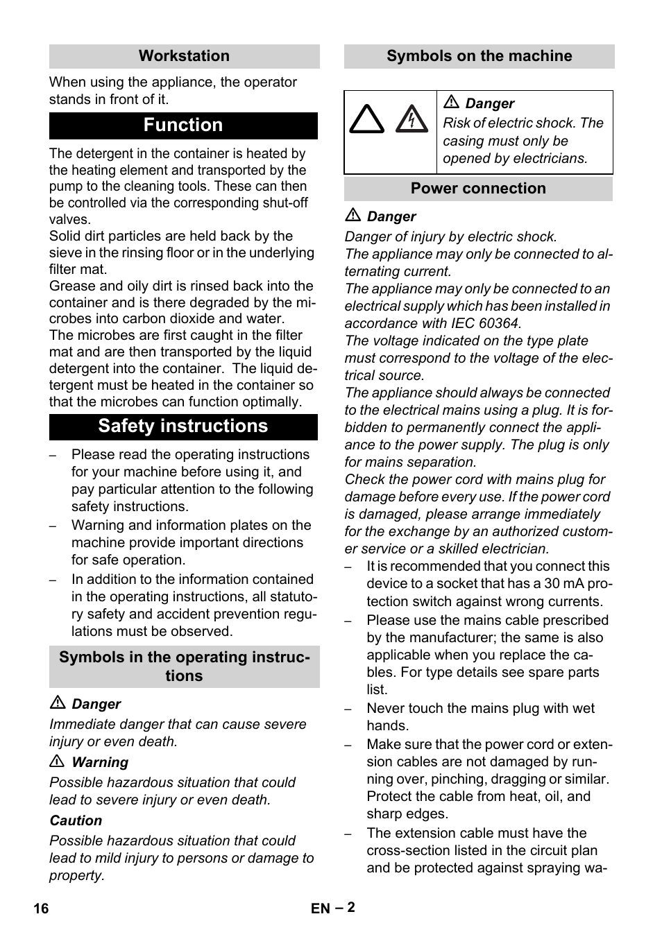 Function safety instructions | Karcher PC 100 M2 BIO User Manual | Page 16 / 232