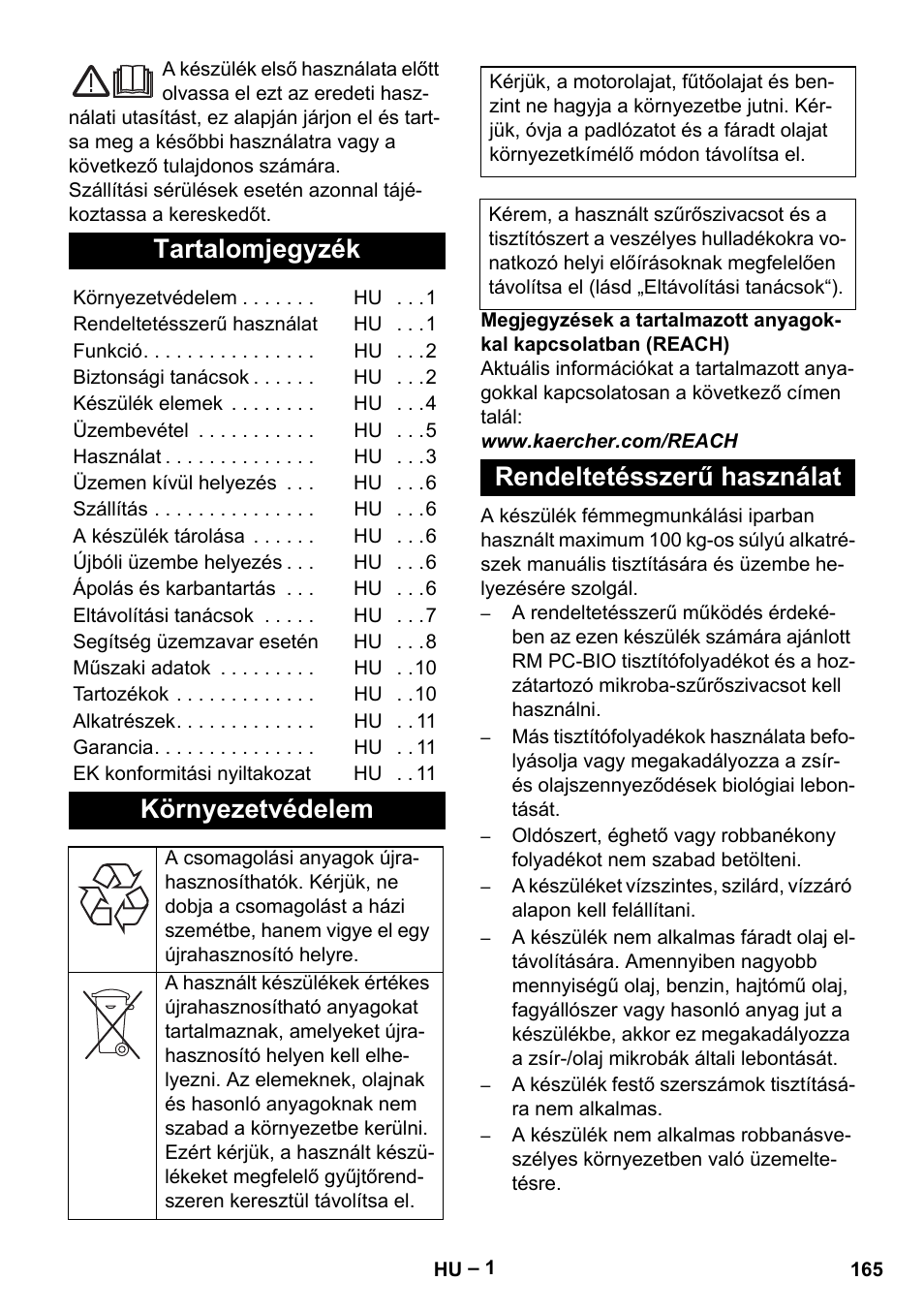 Magyar, Tartalomjegyzék, Környezetvédelem | Rendeltetésszerű használat | Karcher PC 100 M2 BIO User Manual | Page 165 / 232