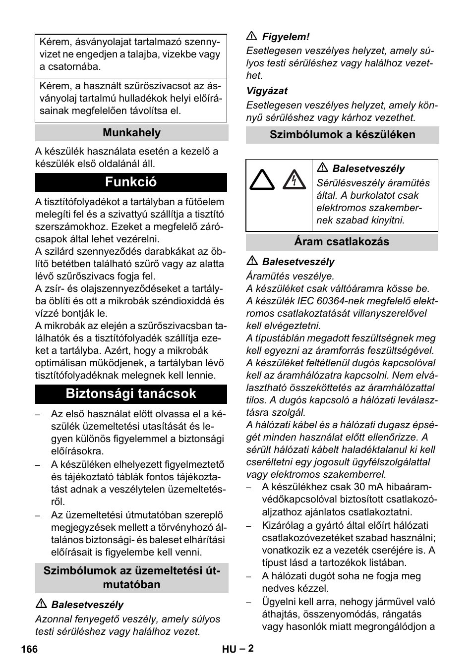 Funkció biztonsági tanácsok | Karcher PC 100 M2 BIO User Manual | Page 166 / 232