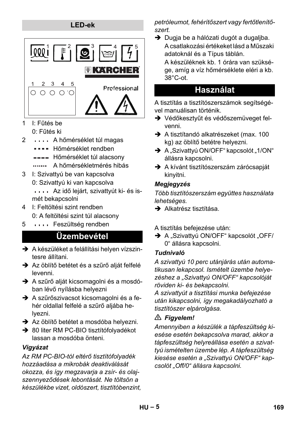 Üzembevétel használat | Karcher PC 100 M2 BIO User Manual | Page 169 / 232