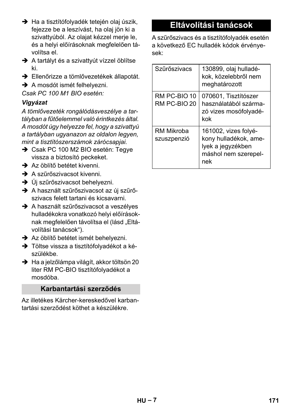 Eltávolítási tanácsok | Karcher PC 100 M2 BIO User Manual | Page 171 / 232