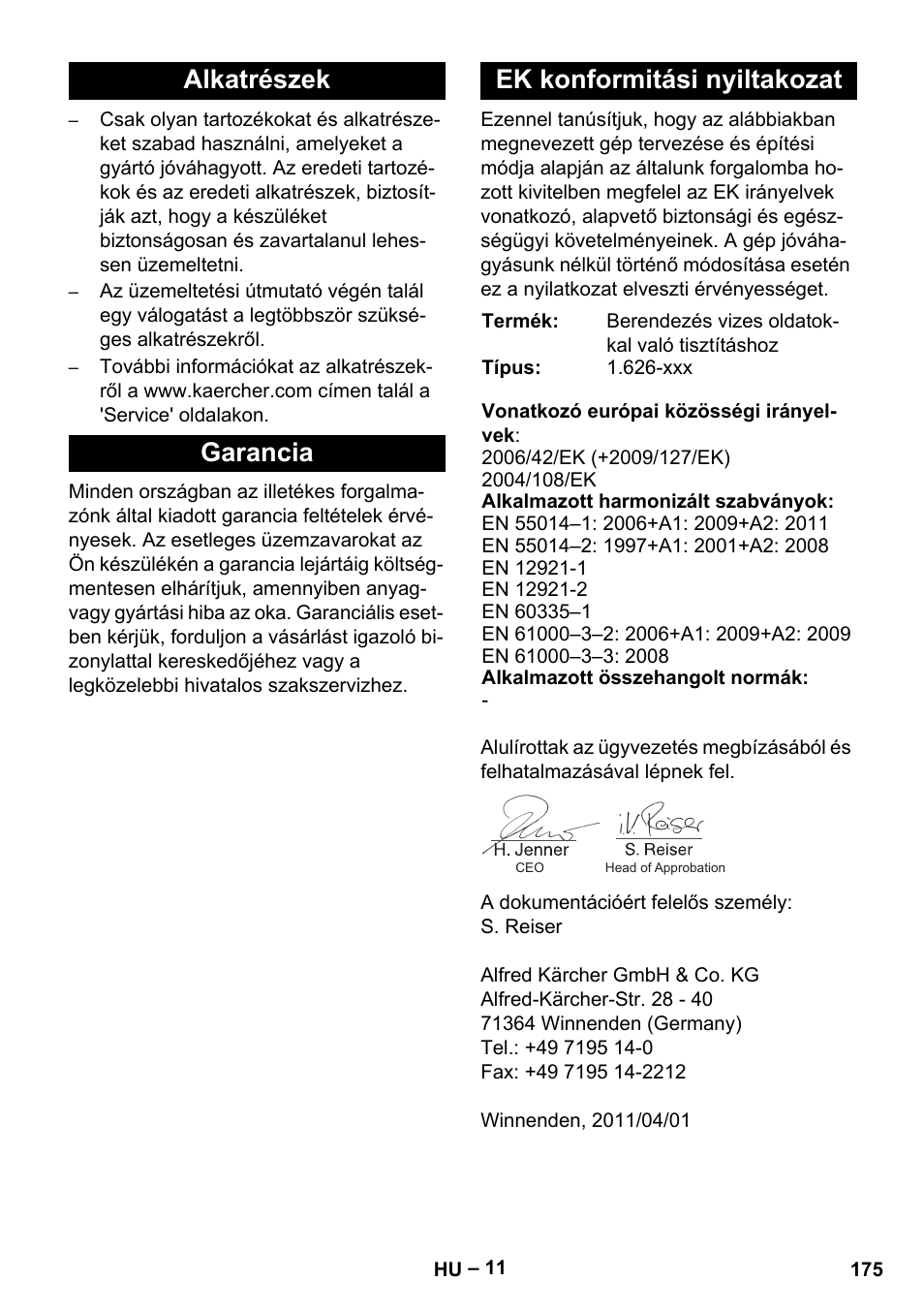 Alkatrészek garancia ek konformitási nyiltakozat | Karcher PC 100 M2 BIO User Manual | Page 175 / 232