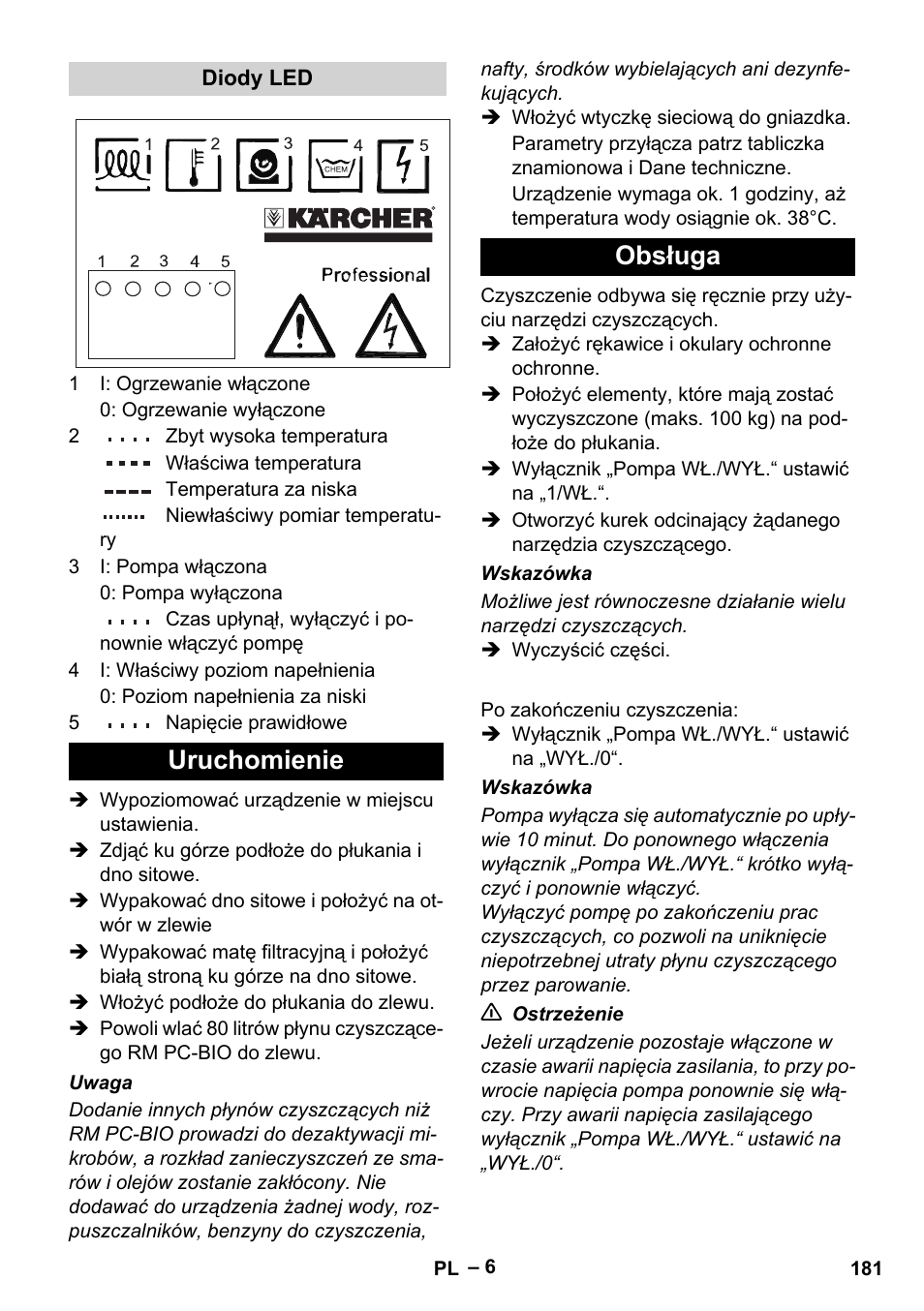 Uruchomienie obsługa | Karcher PC 100 M2 BIO User Manual | Page 181 / 232