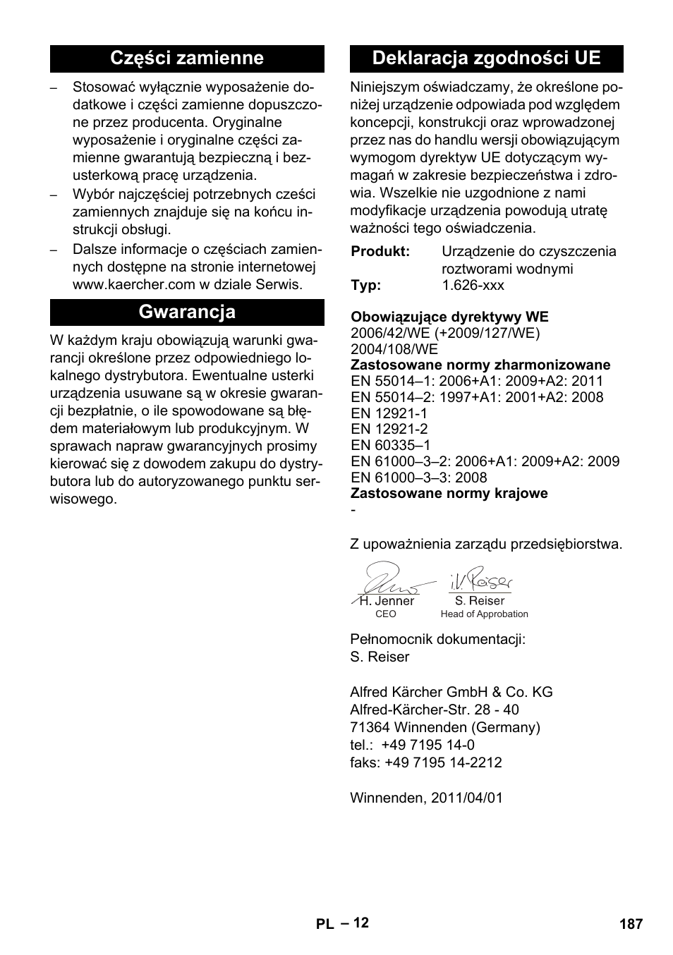 Części zamienne gwarancja deklaracja zgodności ue | Karcher PC 100 M2 BIO User Manual | Page 187 / 232