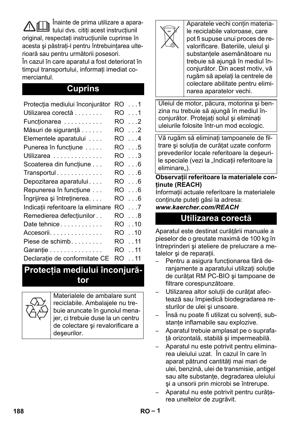 Româneşte, Cuprins, Protecţia mediului înconjură- tor | Utilizarea corectă | Karcher PC 100 M2 BIO User Manual | Page 188 / 232