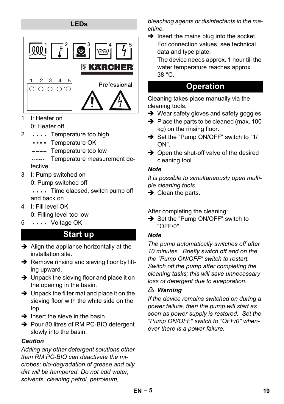 Start up operation | Karcher PC 100 M2 BIO User Manual | Page 19 / 232