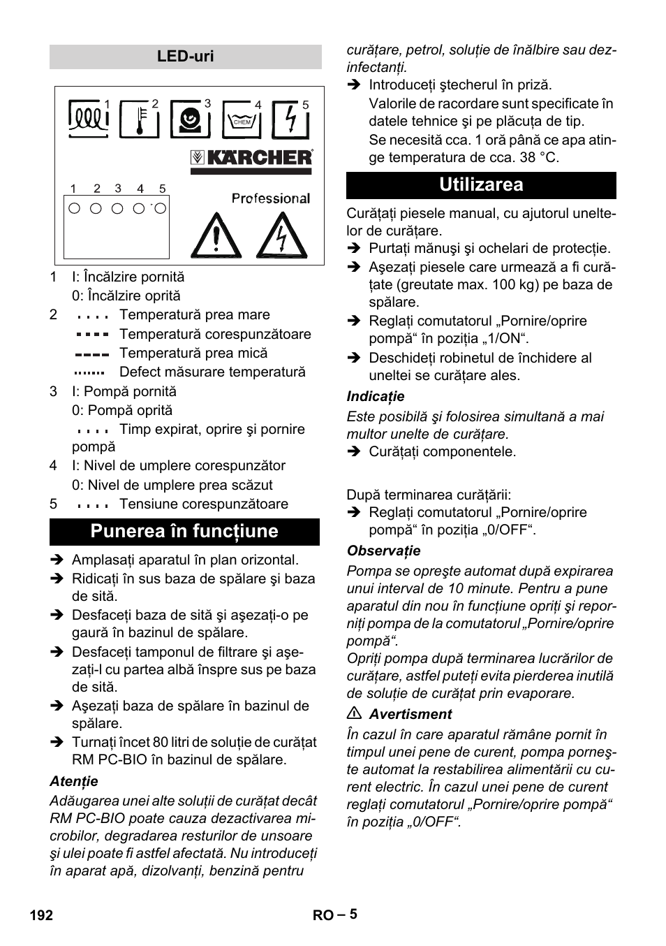 Punerea în funcţiune utilizarea | Karcher PC 100 M2 BIO User Manual | Page 192 / 232