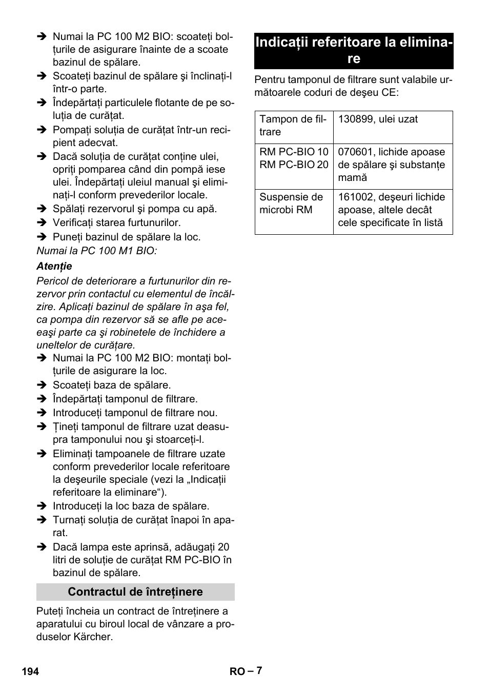 Indicaţii referitoare la elimina- re | Karcher PC 100 M2 BIO User Manual | Page 194 / 232